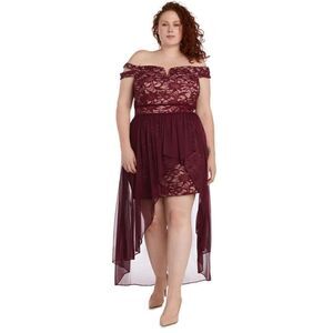R & M Richards Morgan and Co Off Shoulder Lace Chiffon Dress Merlot Nude 18W NWT